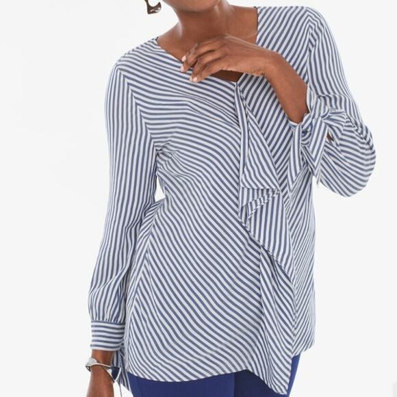 Chico's Top Womens XLP Striped Ruffle Front Tie Sleeve Blouse Career Corpcore - Picture 1 of 16